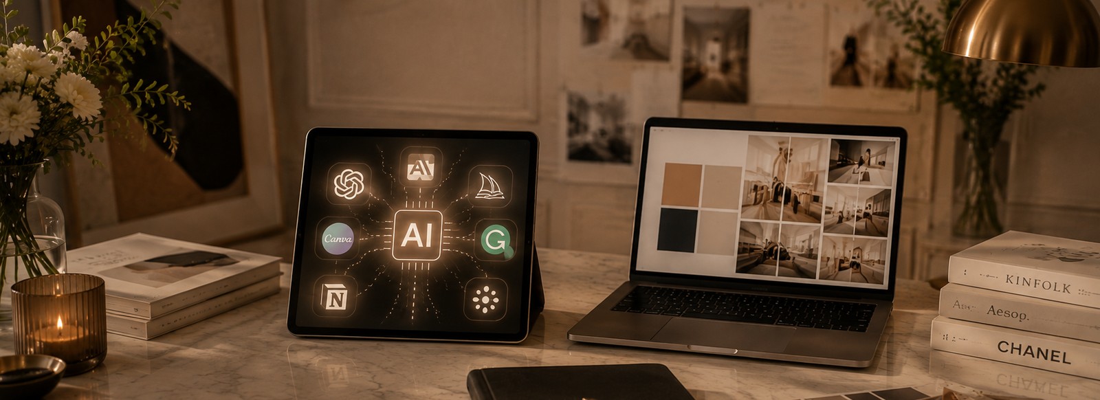 AI for Branding and Business: a desk with AI tools and mood board