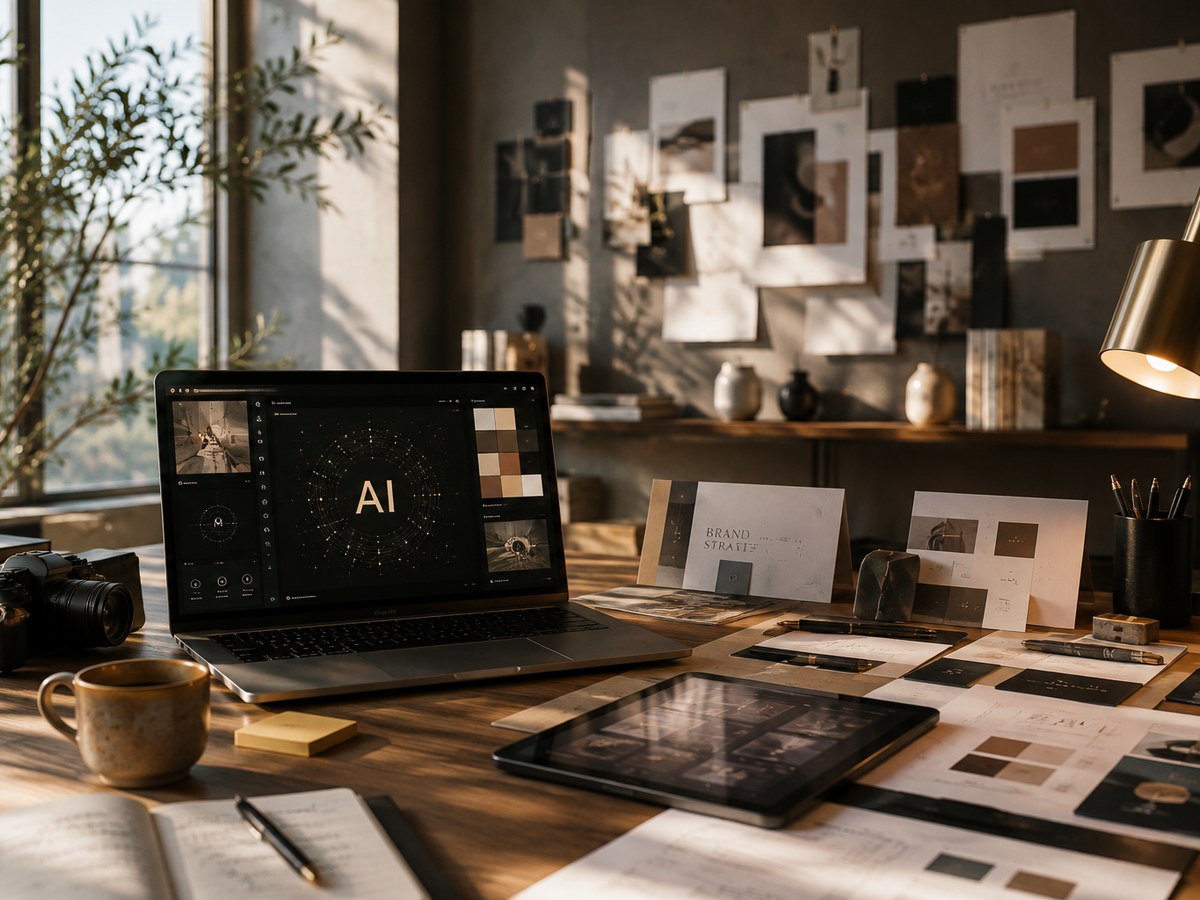 AI for Branding and Business, a working desk with brand strategy in progress